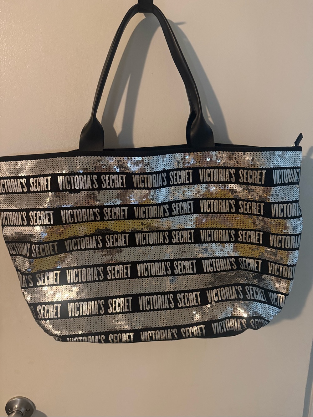 Victoria's Secret Black and Silver Sequin Stripe Tote